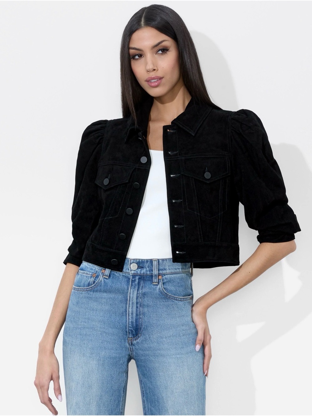 Alice + Olivia Black Puff-Sleeve Lana Suede Jacket - Picture 2 of 4